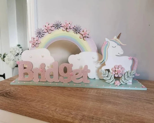 Pretty Freestanding Unicorn and Rainbow Personalised Girls Bedroom Name Sign