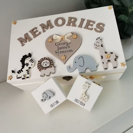 New Baby Memory box in a neutral colours scheme featuring a mine up of Safari Animals