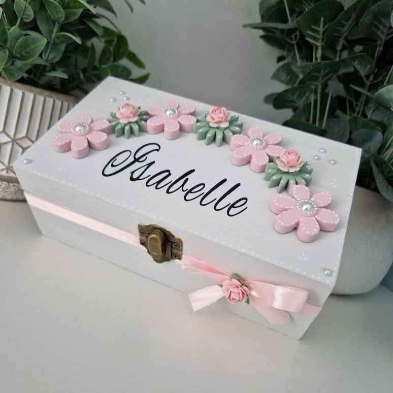 Pretty Floral Personalised Wooden Trinket Box. 