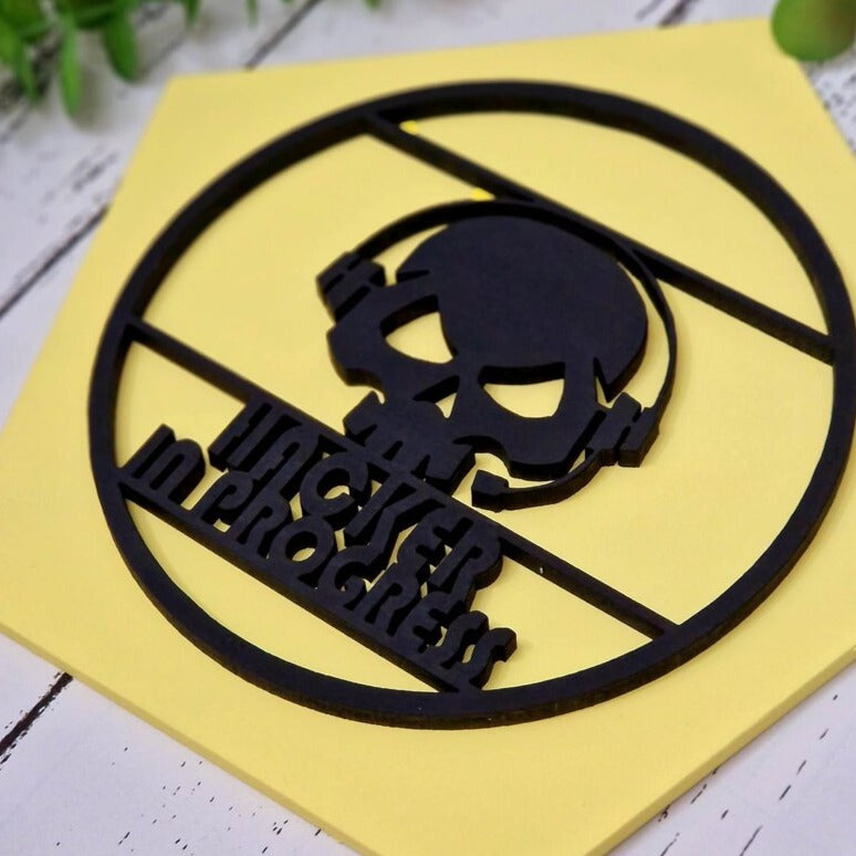 Hacker In Progress Wall Art Door Sign in Yellow and Black.