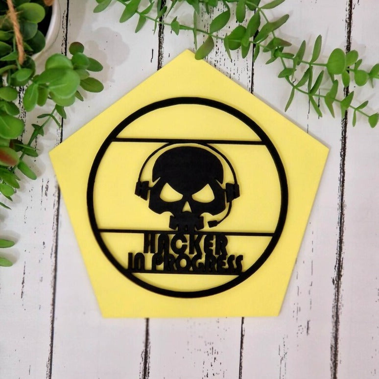 Hacker In Progress Wall Art Door Sign in Yellow and Black.