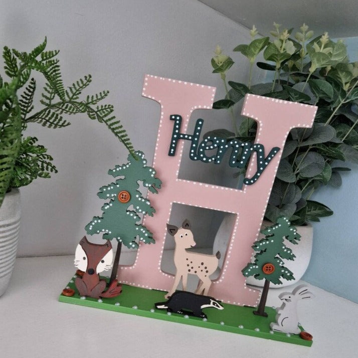 Wooden Letter Initial for Child Bedroom or Nursery. Personalised Nursery Wooden Letter in Woodland Theme
