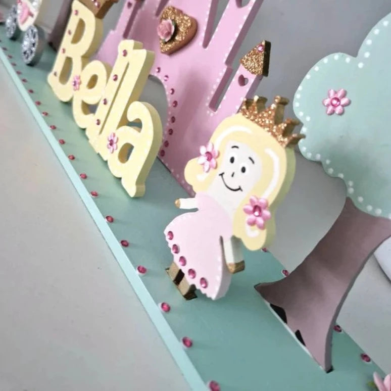 Pretty Fairytale Princess Bedroom Sign for Girls. Fairy Castle, Carriage and Princess.