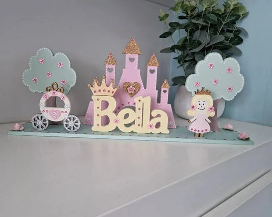 Pretty Fairytale Princess Bedroom Sign for Girls. Fairy Castle, Carriage and Princess.