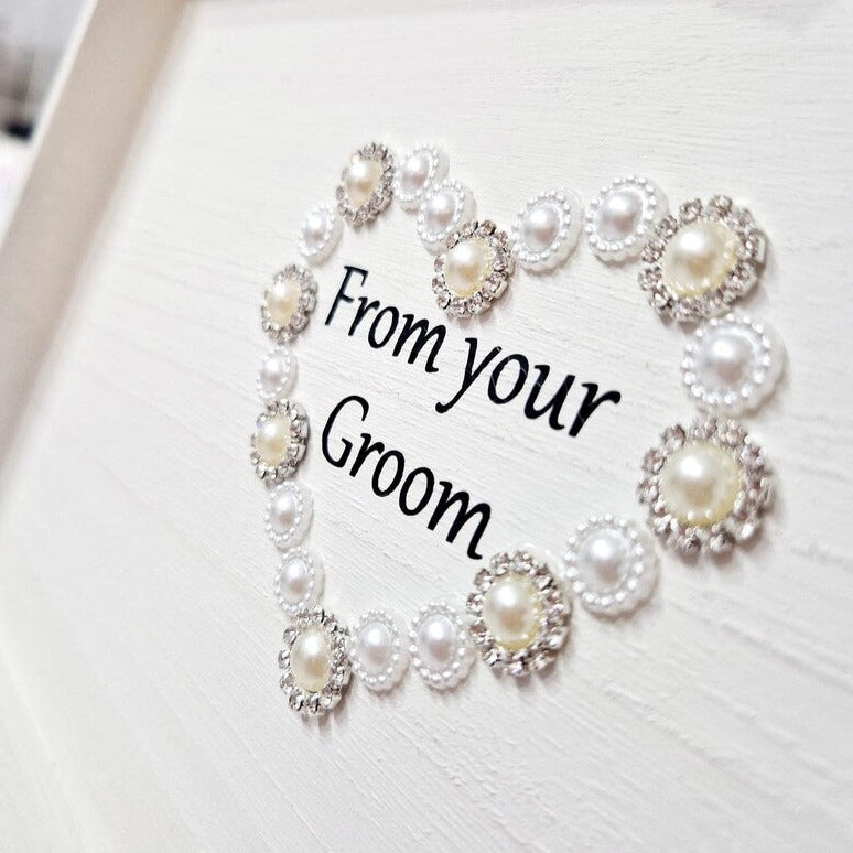 Stunning jeweled Wooden Gift box for Bride to be from Groom personalised with wedding date. White box with pearls and diamantes.