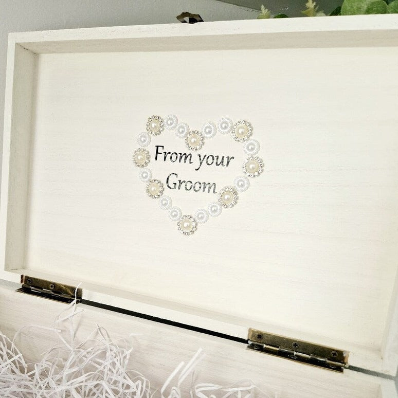 Stunning jeweled Wooden Gift box for Bride to be from Groom personalised with wedding date. White box with pearls and diamantes.