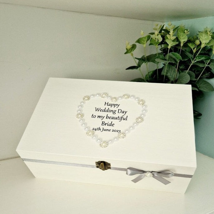 Stunning jeweled Wooden Gift box for Bride to be from Groom personalised with wedding date. White box with pearls and diamantes.