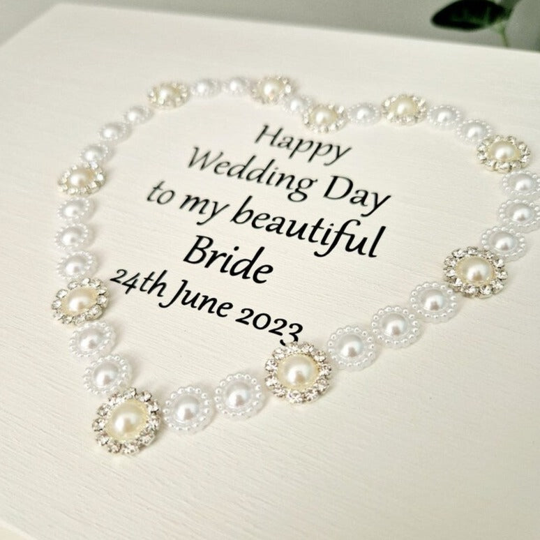 Stunning jeweled Wooden Gift box for Bride to be from Groom personalised with wedding date. White box with pearls and diamantes.
