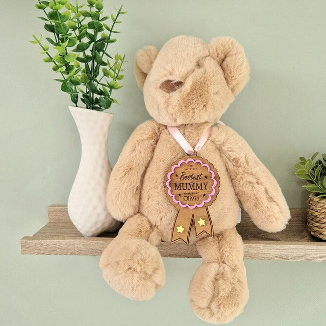 Wooden engraved Personalised Bestest Mummy Rosette Award Trophy