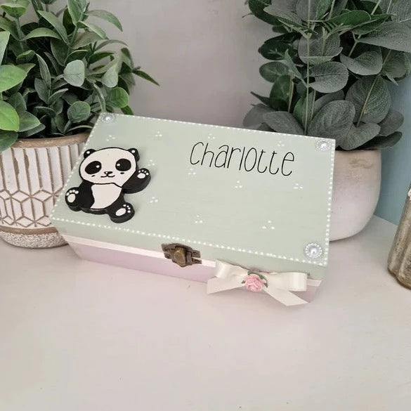 Cute Panda Personalised Trinket Box in lilac in green.