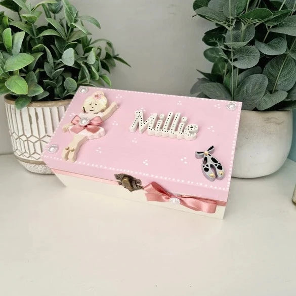 Pretty Pink and white Ballerina Personalised Trinket Box