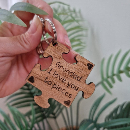Puzzle Piece Wooden Keyring with I love you to pieces