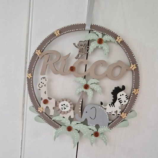 Gender Neutral Baby Name Hoop with Safari Animals. New Baby Gift. 