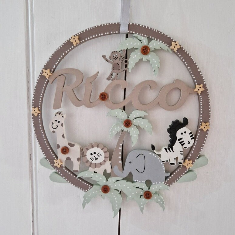 Gender Neutral Baby Name Hoop with Safari Animals. New Baby Gift.