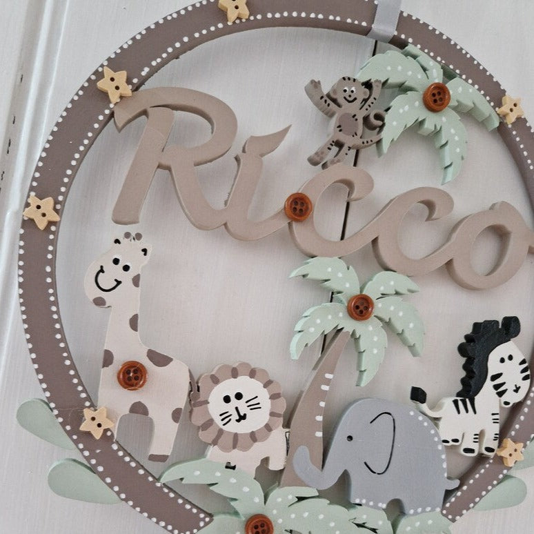 Gender Neutral Baby Name Hoop with Safari Animals. New Baby Gift.