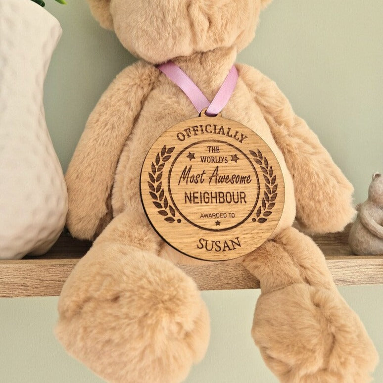 World's Most Awesome Neighbour Personalised Wooden engraved medal with ribbon