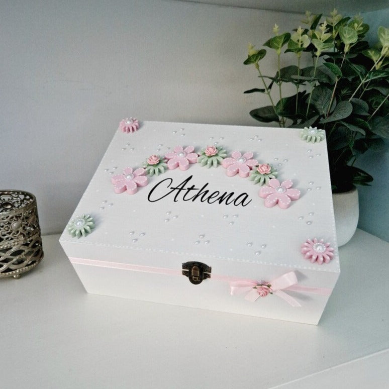 Pretty Floral Wooden Keepsake Memory Box Personalised to any Name