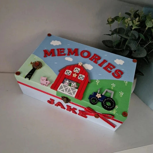 Colourful Farmyard Scene Personalised Childrens Memory Box with Tractor and barn personalised to any Name. Boys Gift
