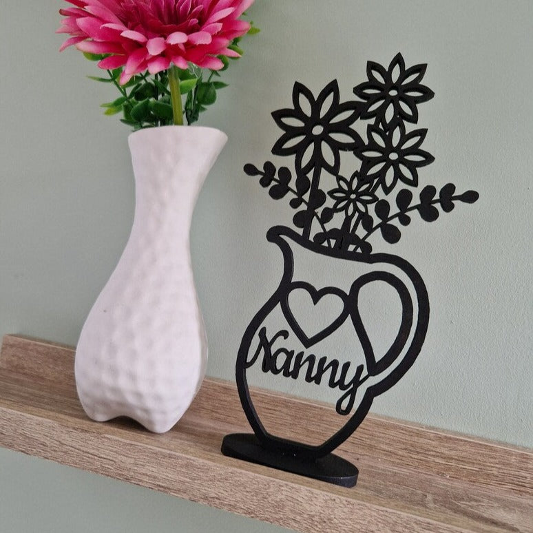 Black Silhouette Vase and Flowers personalised to Nanny. Nanny Gift
