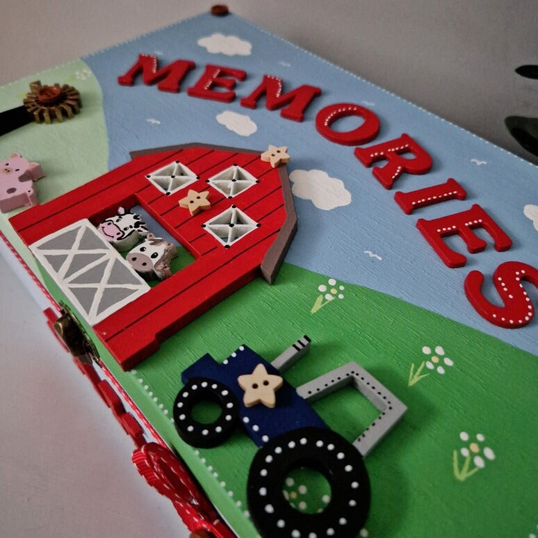 Colourful Farmyard Scene Personalised Childrens Memory Box with Tractor and barn personalised to any Name. Boys Gift