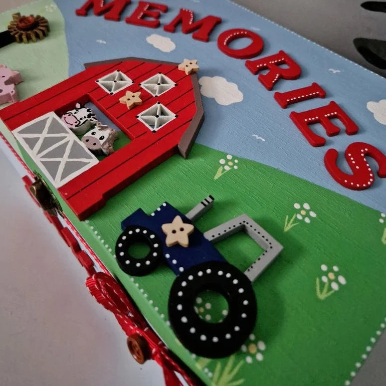 Colourful Farmyard Scene Personalised Childrens Memory Box with Tractor and barn personalised to any Name. Boys Gift