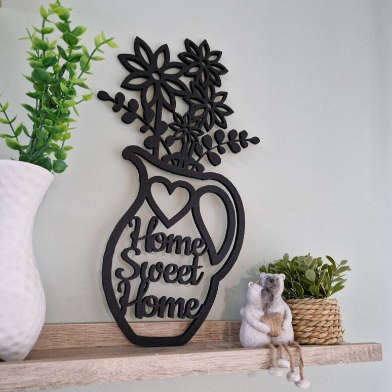 Home Sweet Home Welcome Sign in black floral vase theme. Housewarming gift.