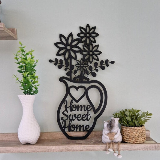 Home Sweet Home Welcome Sign in black floral vase theme. Housewarming gift.