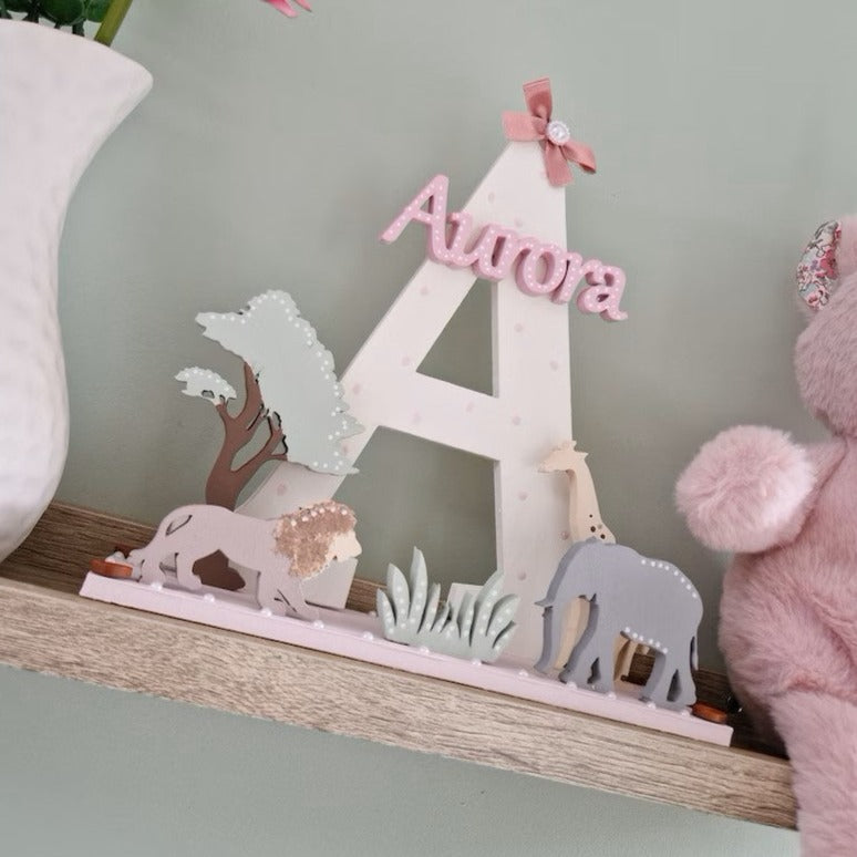 Pink Safari Nursery Wooden Letter Initial Personalised New Baby Gift