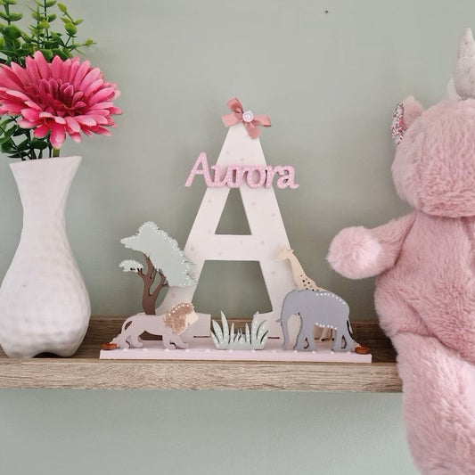 Pink Safari Nursery Wooden Letter Initial Personalised New Baby Gift