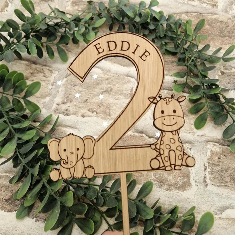 2nd Birthday Wooden Cake Topper- Safari Friends