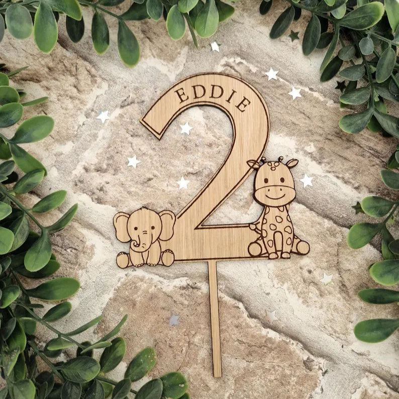 2nd Birthday Wooden Cake Topper- Safari Friends