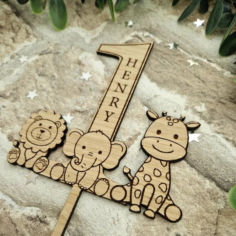 1st Birthday Wooden Cake Topper- Safari Friends