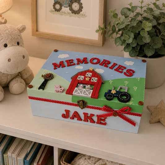 Personalised hand painted wooden memory box in a bright and colourful farmyard design.