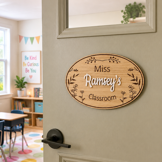Oak Veneer Personalised Teachers Classroom Door Sign with botanical floral design