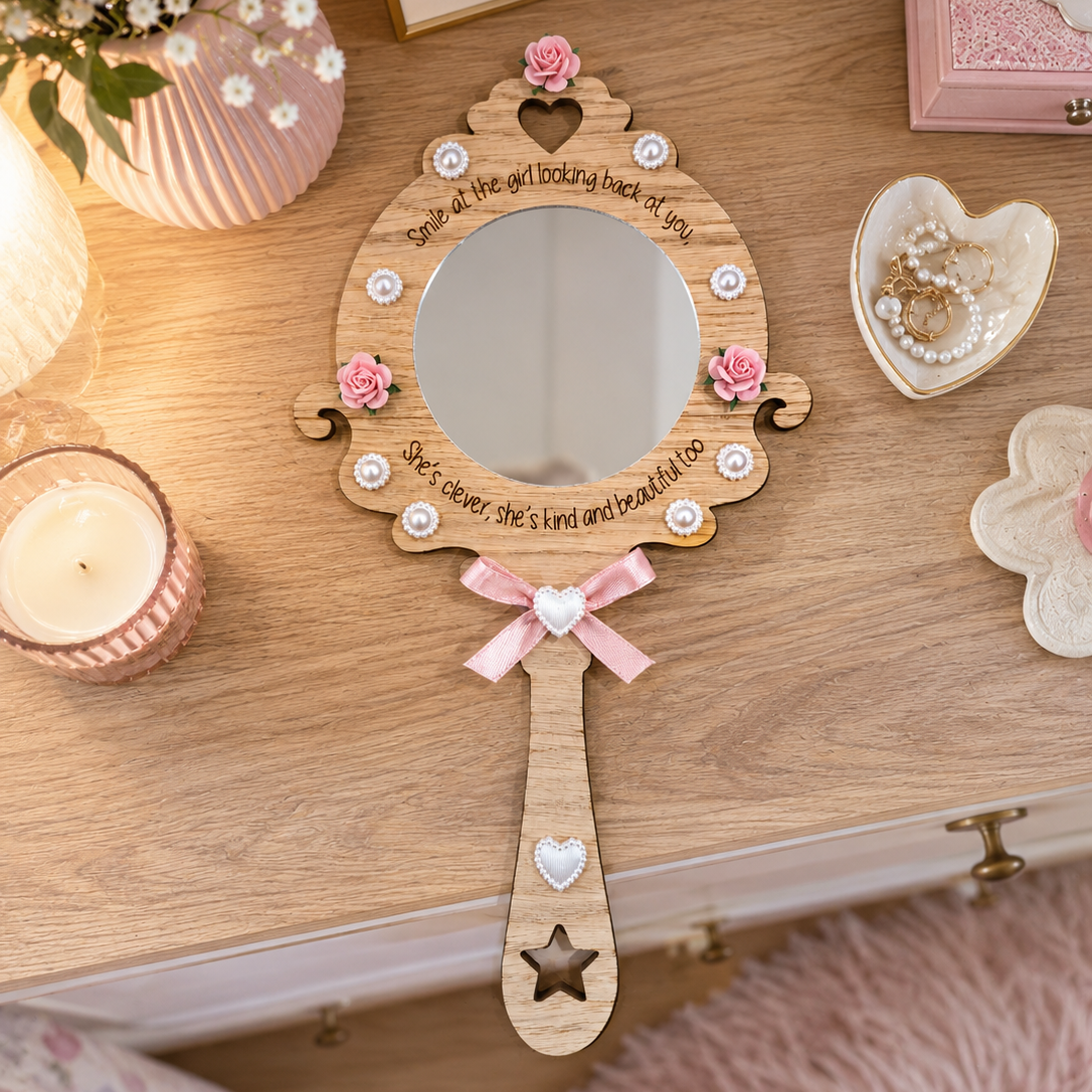 Girls handheld wooden Princess Mirror