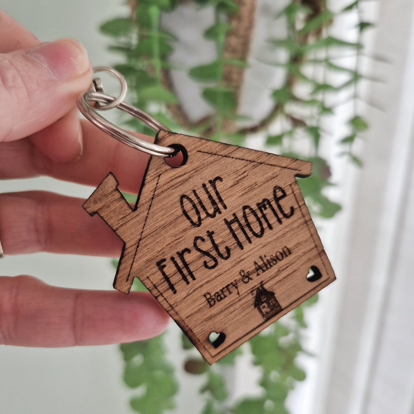 Personalised Our First Home Wooden House shaped Keyring