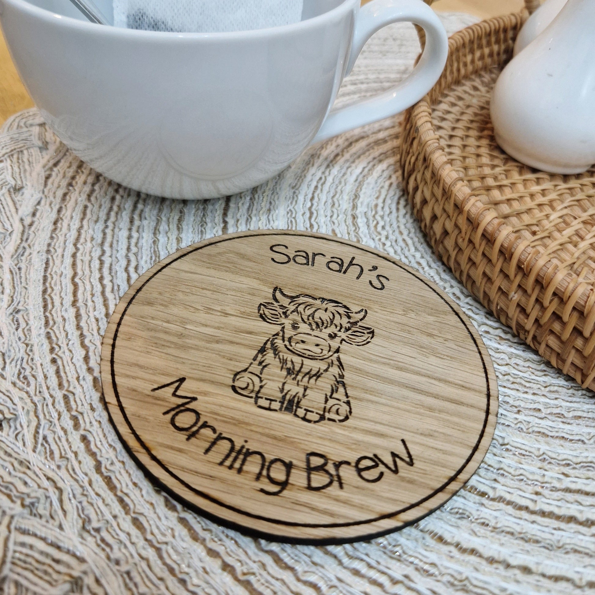 Cute Highland Cow Wooden Engraved Personalised Drink Coaster