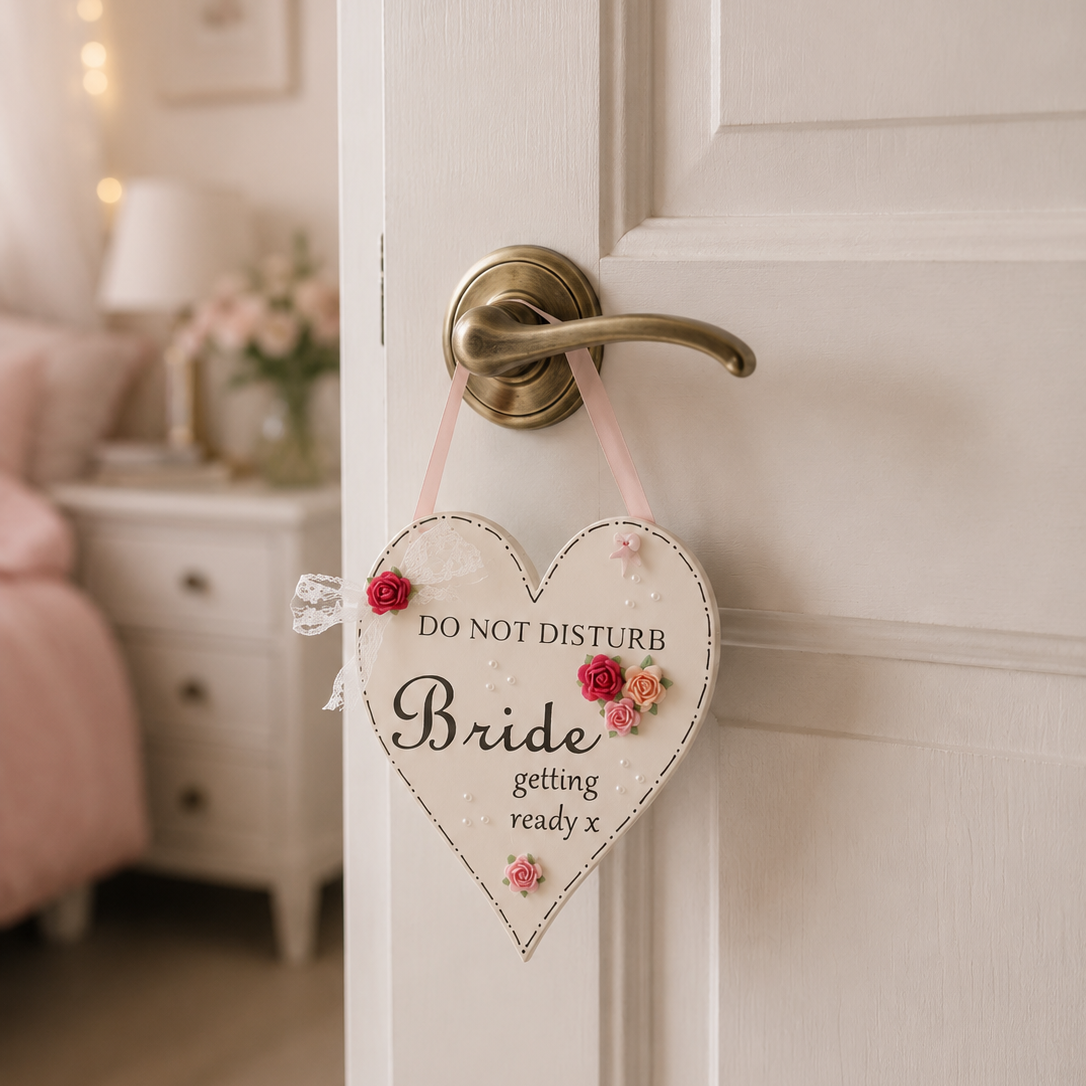 A heart-shaped wooden door hanger with the text 'DO NOT DISTURB Bride getting ready x' and small pink and red flowers, hanging from a brass doorknob on a white door in a softly lit bedroom.