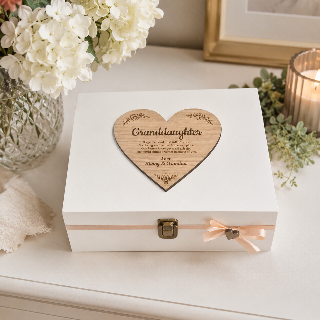 White wooden hand painted 'Granddaughter' Keepsake Memory Box. Oak veneer heart laser engraved with loving message for a special Granddaughter. 