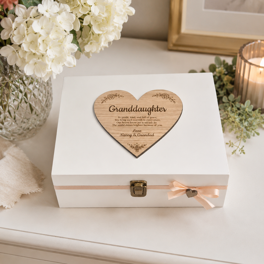 White wooden hand painted 'Granddaughter' Keepsake Memory Box. Oak veneer heart laser engraved with loving message for a special Granddaughter. 