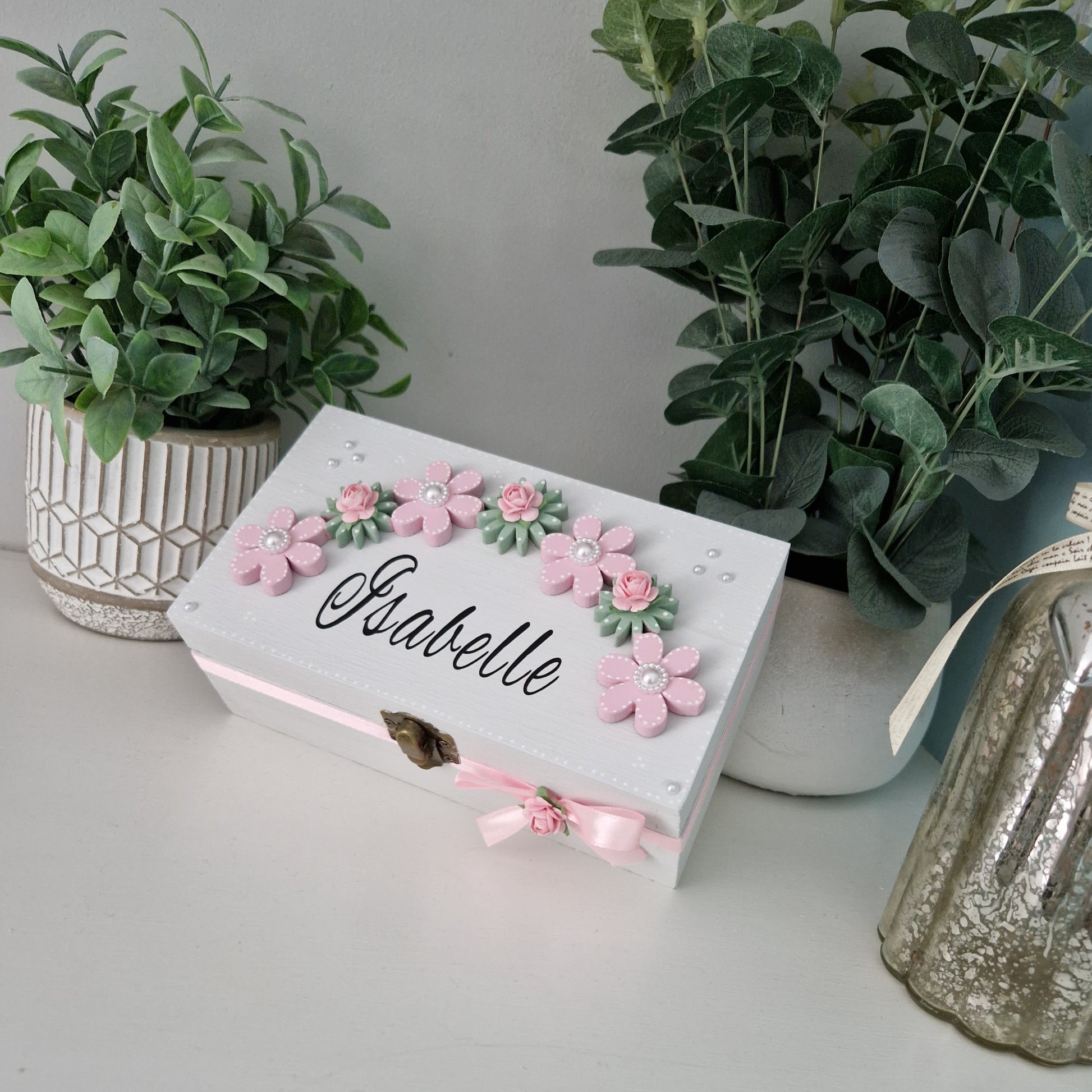 Pretty Floral Arch Personalised Trinket Box with pink ribbon bow and pink roses