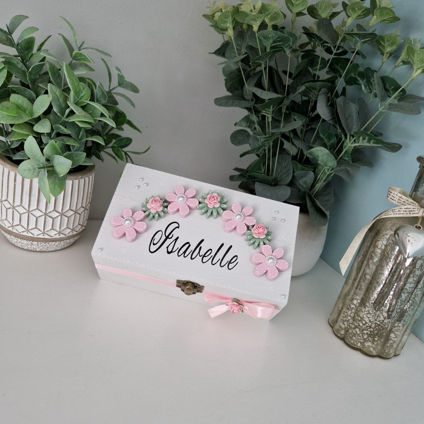 Pretty Floral Arch Personalised Trinket Box with pink ribbon bow and pink roses