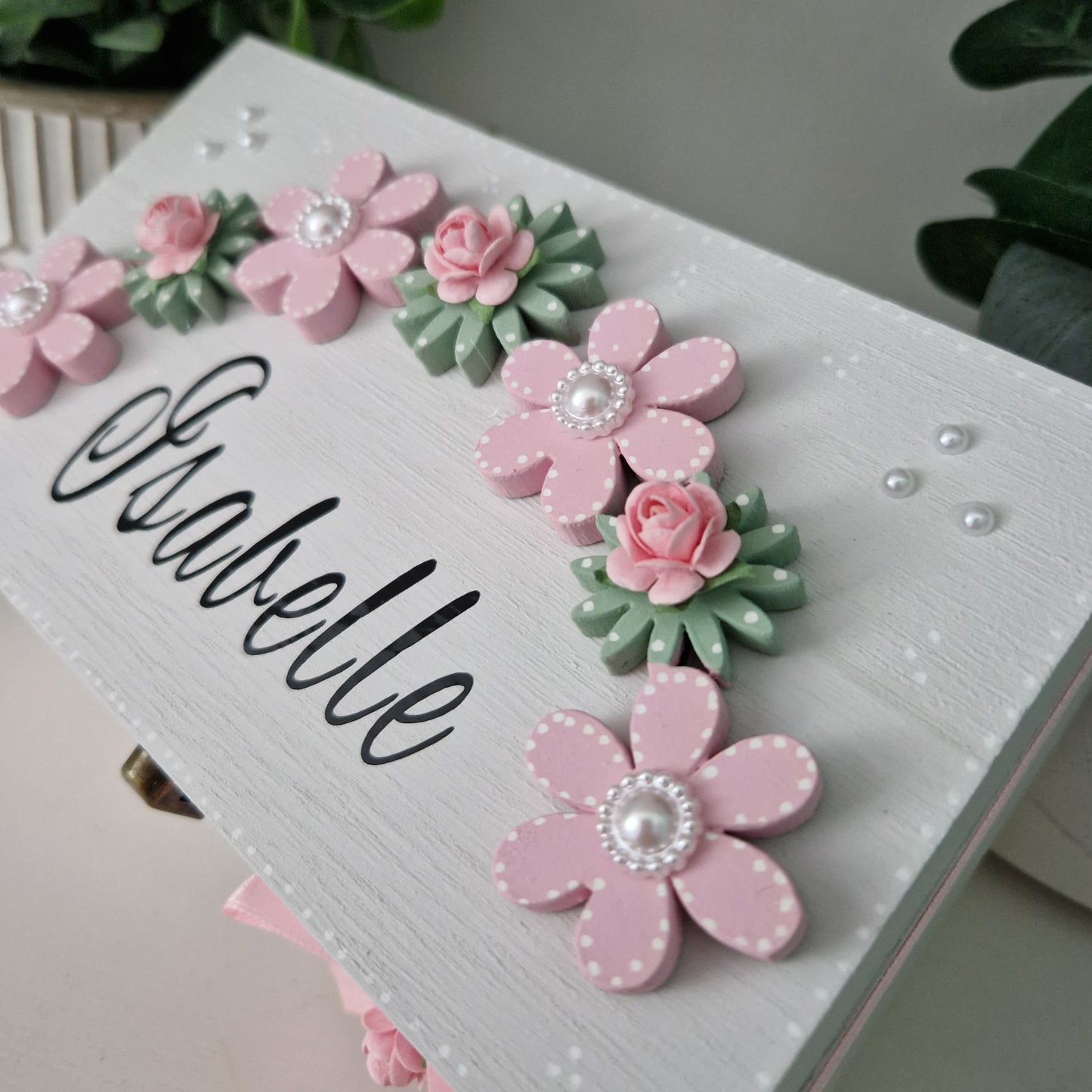 Pretty Floral Arch Personalised Trinket Box with pink ribbon bow and pink roses