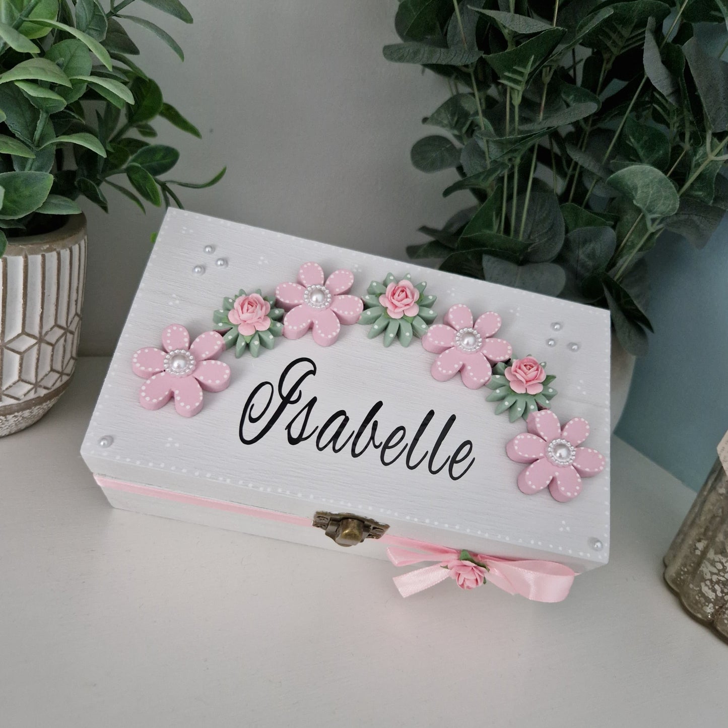 Pretty Floral Arch Personalised Trinket Box with pink ribbon bow and pink roses