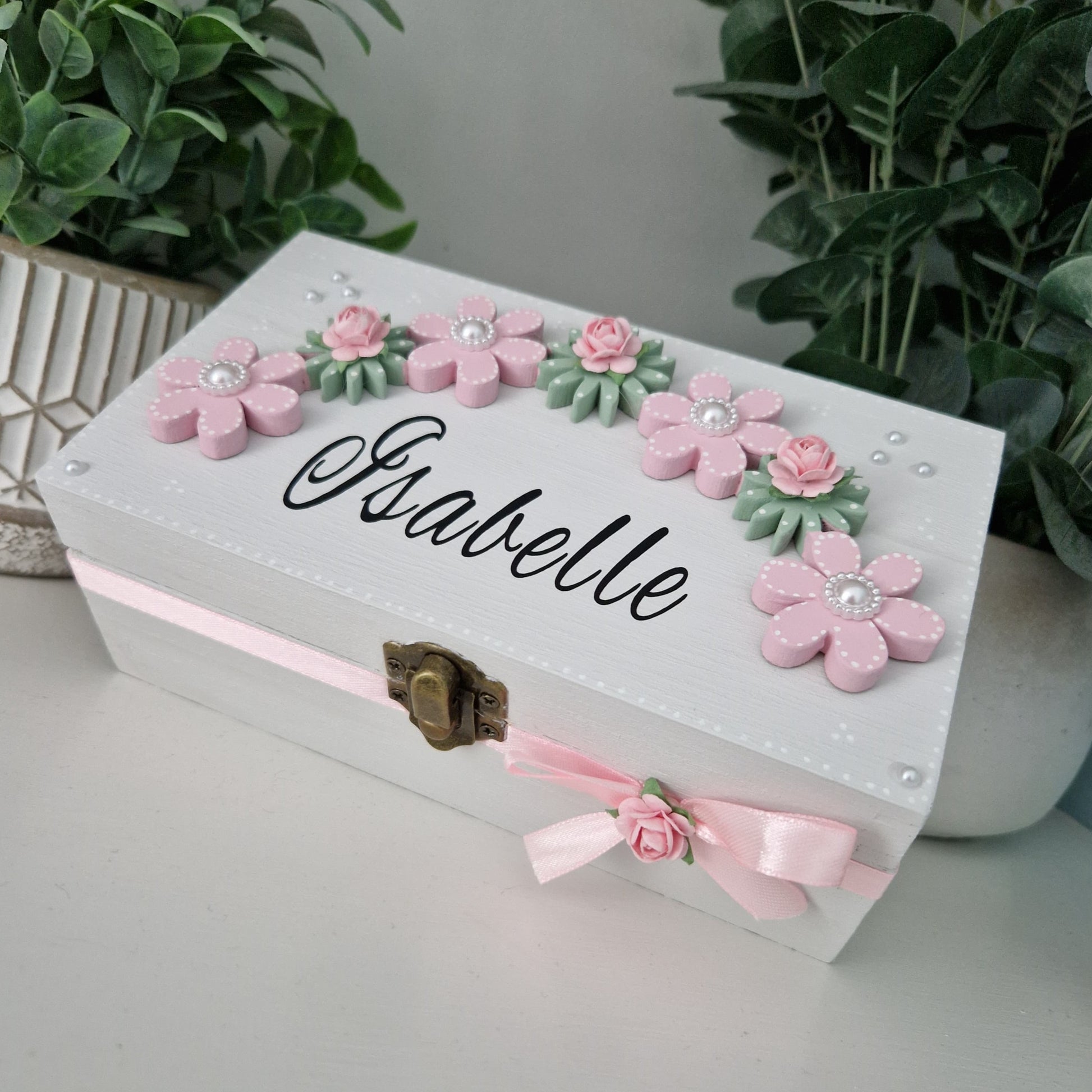 Pretty Floral Arch Personalised Trinket Box with pink ribbon bow and pink roses