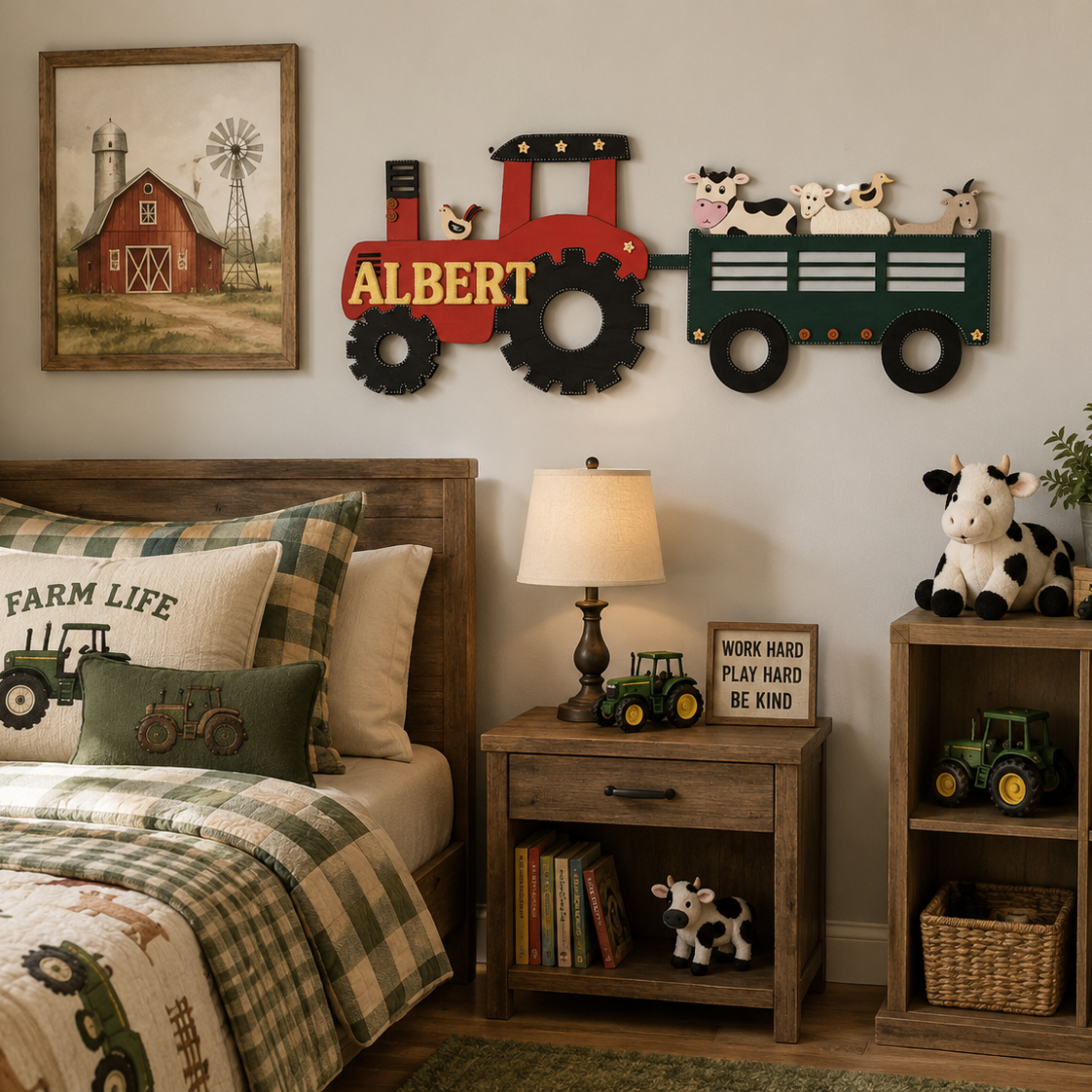Hand painted large wooden tractor and trailer personalised wall name sign for a farmyard theme bedroom.