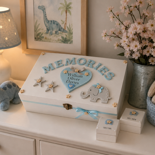 Personalised Elephant Baby Memory box with first curl and first tooth trinket boxes. New Baby oy gift set box.
