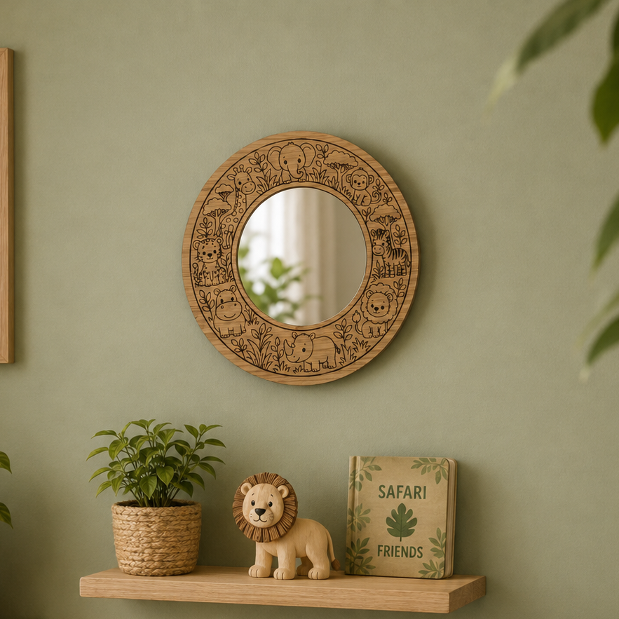 Safari themed oak veneer wooden engraved circular mirror