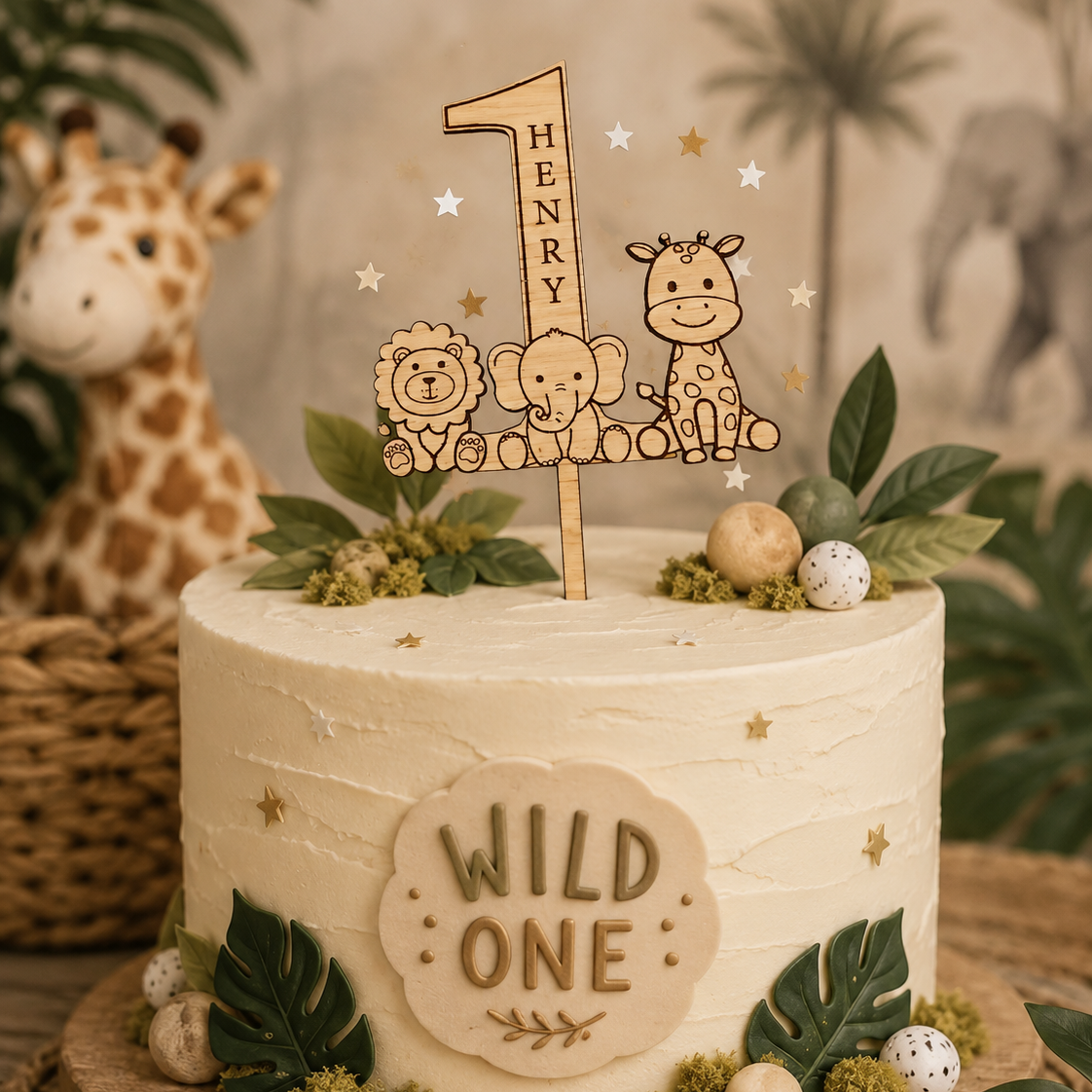1st Birthday Wooden Cake Topper- Safari Friends