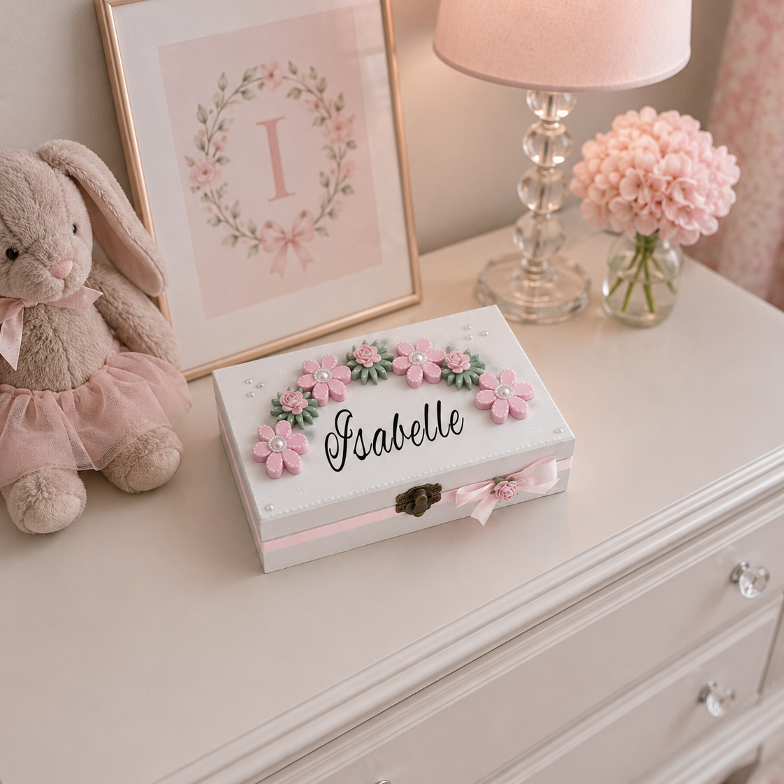 Personalised Wooden Floral design jewelry trinket box.